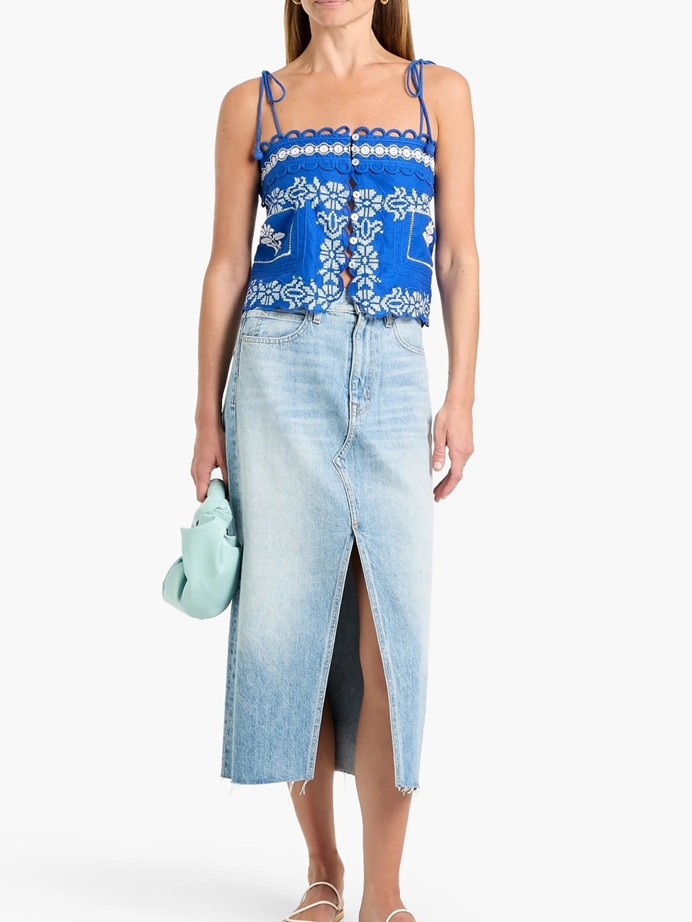 NWT FARM RIO Tropical Cross-Stitch Embroidered Cotton Sleeveless Top Blue White
